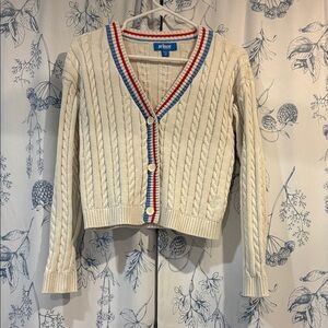 Prince Ivory Cable Knit Cardigan with Red and Blue Trim